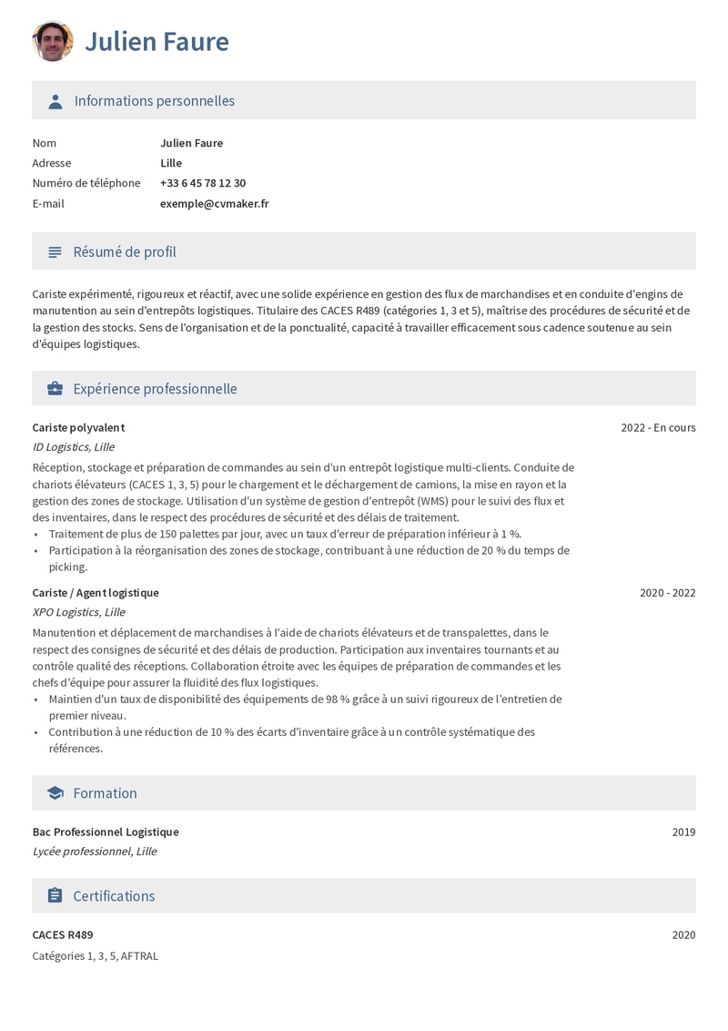 Modèles de CV Cariste