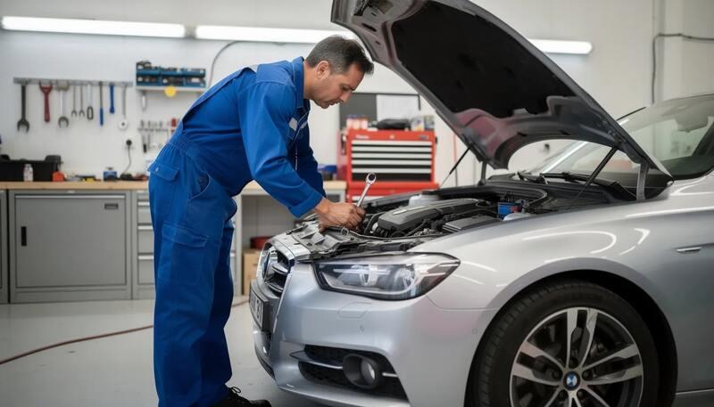 Un mécanicien en combinaison bleue est penché sur le moteur d'une voiture moderne dans un atelier bien éclairé, entouré d'outils et de pièces automobiles. Cette scène illustre le métier de mécanicien, mettant en avant ses compétences techniques et son savoir-faire dans la maintenance des véhicules.