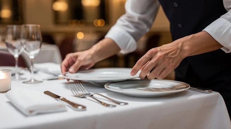 Un gros plan montre les mains d'un serveur de restaurant disposant élégamment des plats sur une table recouverte d'une nappe blanche. L'image évoque le service soigné et l'attention portée à la clientèle dans le secteur de la restauration.