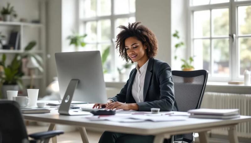 Un professionnel est assis à un bureau lumineux, travaillant sur son CV sur un ordinateur moderne, entouré de divers outils et logiciels pour optimiser sa candidature. Il se concentre sur la mise en page et l'insertion de mots clés pertinents afin de rendre son CV compatible avec les systèmes de suivi des candidatures (ATS).