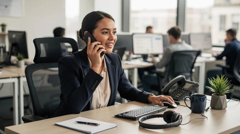 Une conseillère clientèle est assise à son bureau, répondant au téléphone pour fournir des conseils et des informations à un client. L'image illustre le rôle essentiel du service client dans la gestion de la relation avec la clientèle.