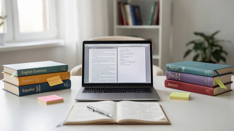 Un traducteur professionnel travaille à un bureau propre et organisé, utilisant un ordinateur portable et entouré de livres de référence dans plusieurs langues. Cette scène évoque la mise en page d'un CV de traducteur, illustrant les compétences et l'expertise nécessaires pour répondre aux besoins des clients dans le domaine de la traduction.