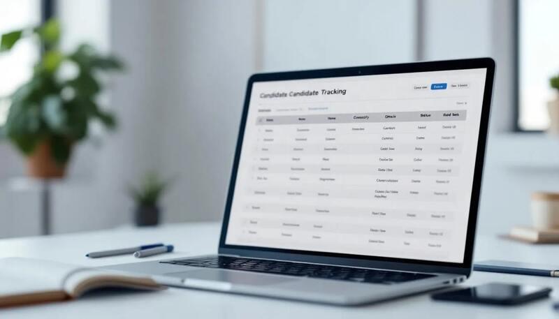 Un bureau bien organisé avec un ordinateur portable ouvert affichant un tableau de suivi des candidatures, illustrant les étapes de la recherche d'offres d'emploi et les informations sur les postes disponibles. Des notes et des documents sont visibles, reflétant une stratégie de candidature efficace pour maximiser les chances d'embauche.