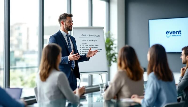 Dans l'image, un responsable de projet événementiel anime une réunion avec ses équipes en vue de la préparation d'un événement.