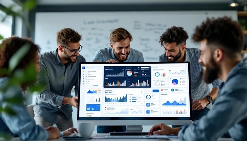 Une équipe collabore autour d'un ordinateur, analysant un tableau de bord d'analytique des réseaux sociaux. Cette scène met en avant l'importance des compétences informatiques et des outils de gestion de projet dans le monde du marketing digital.